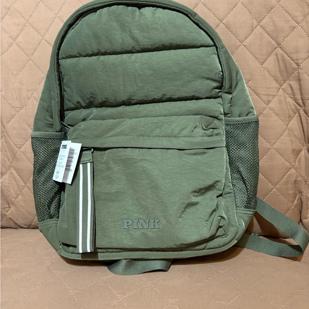PINK Victoria's Secret Green Backpack with Durable Canvas and Minimalist Design